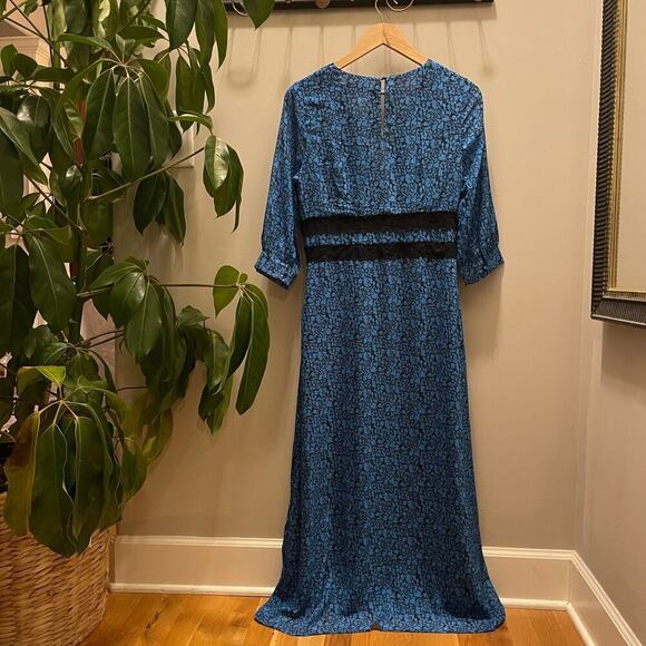 ADOR Floral Long Maxi Dress Blue | V Neck, Slit, Black Lace Trim, Small, NWT - Picture 4 of 10